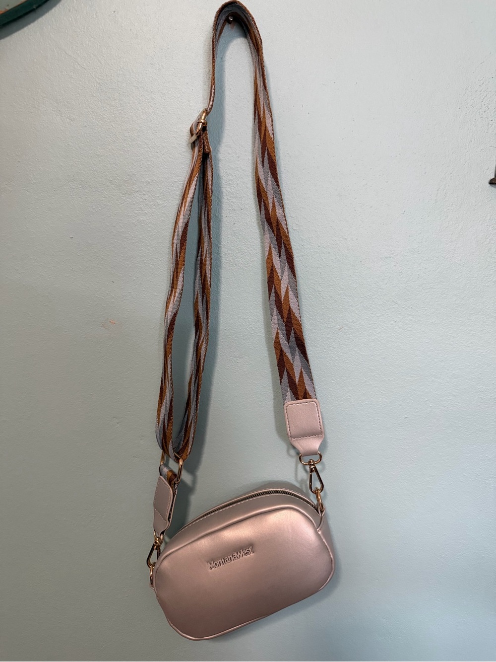 Montana West Silver Crossbody with Patterned Brown Strap